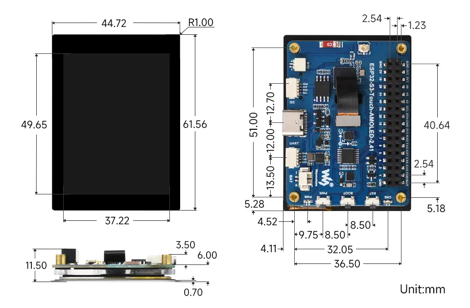 ESP32-S3-Touch-AMOLED-2.41 Dimensions