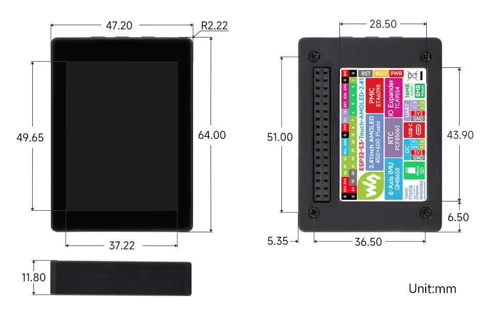 ESP32-S3-Touch-AMOLED-2.41 Dimensions