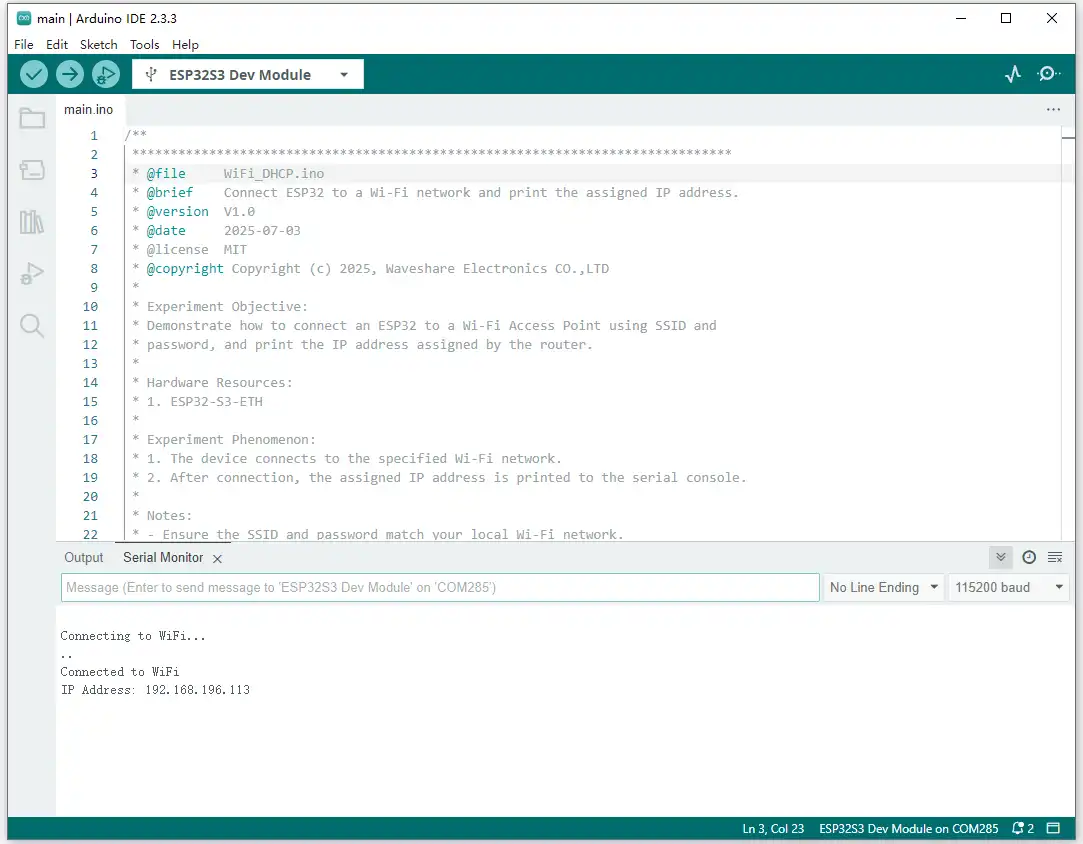 Wi-Fi DHCP Serial Output