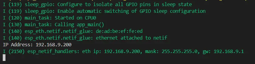ESP-IDF W5500 Static IP Running Result