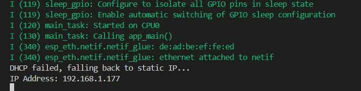 ESP-IDF W5500 DHCP Fallback to Static IP Running Result