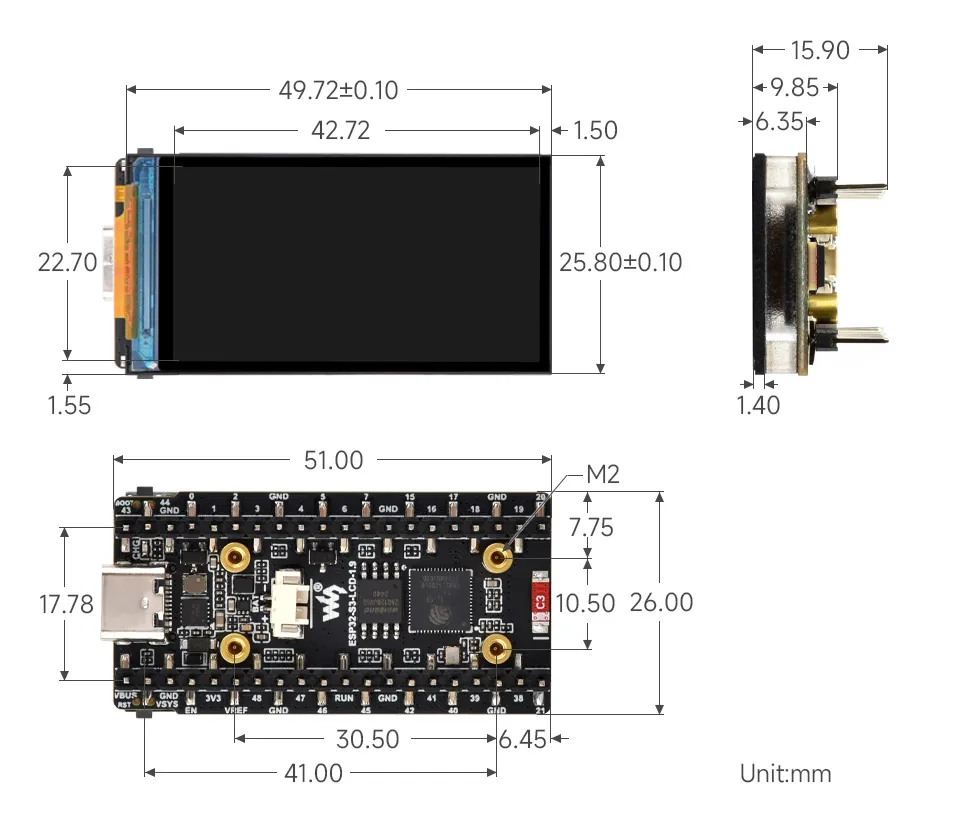 ESP32-S3-LCD-1.9 Product Dimensions