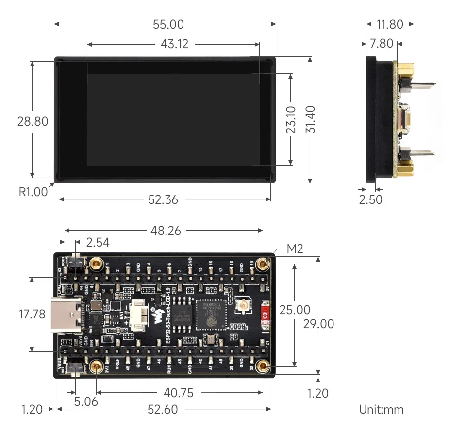 ESP32-S3-LCD-1.9 Product Dimensions