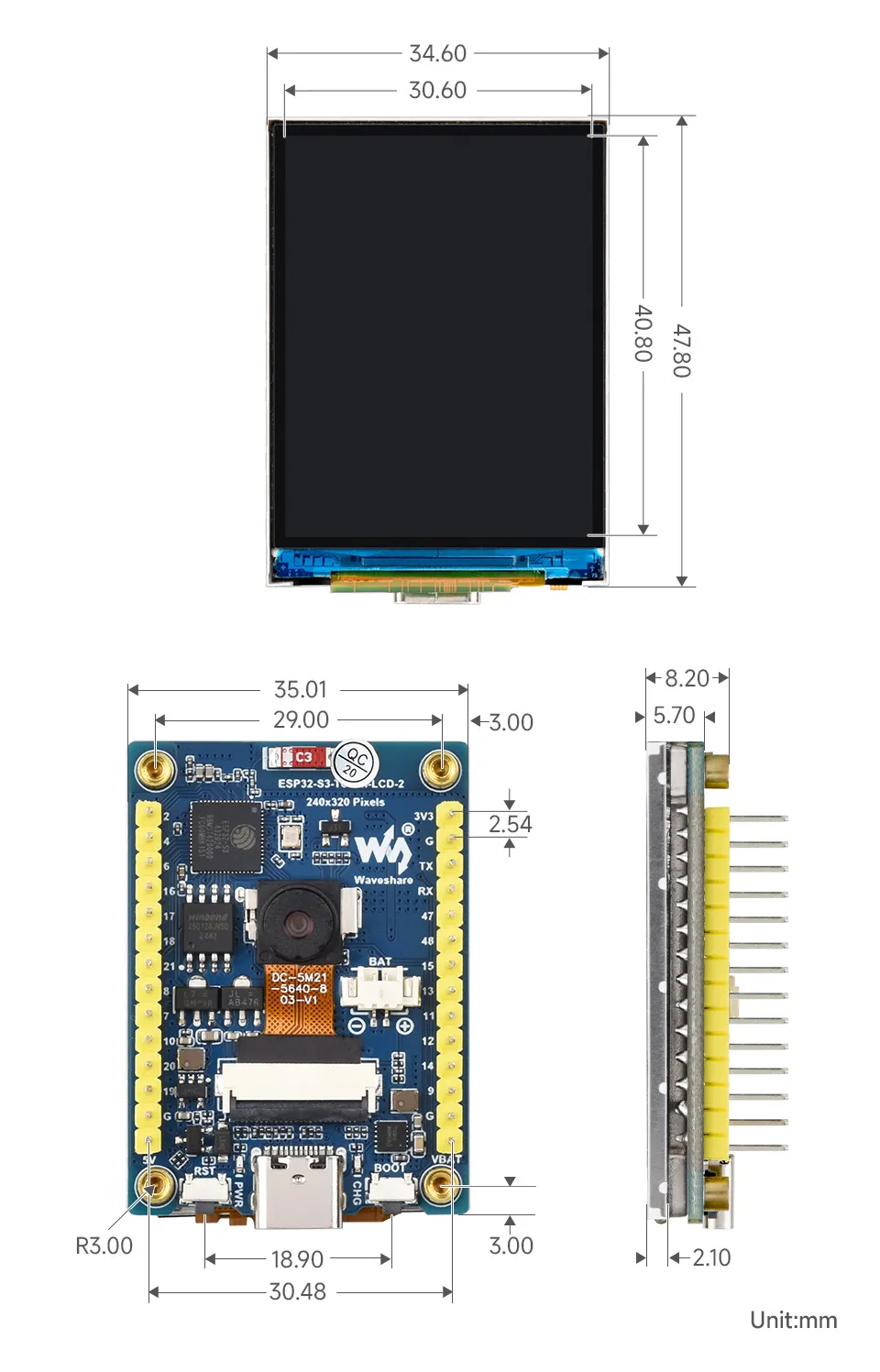 ESP32-S3-LCD-2 Product Dimensions