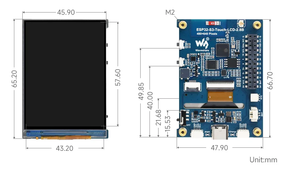 ESP32-S3-LCD-2.8B Product Dimensions