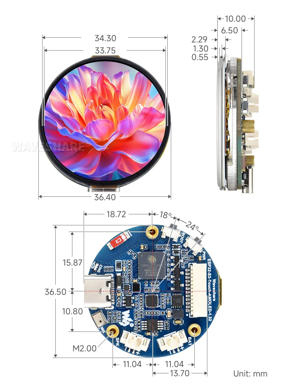 ESP32-S3-Touch-AMOLED-1.32 Product Dimensions