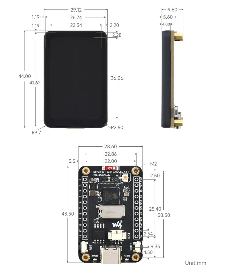 ESP32-S3-Touch-AMOLED-1.64 Product Dimensions