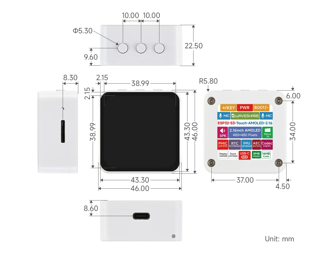 ESP32-S3-Touch-AMOLED-2.16 Product Dimensions