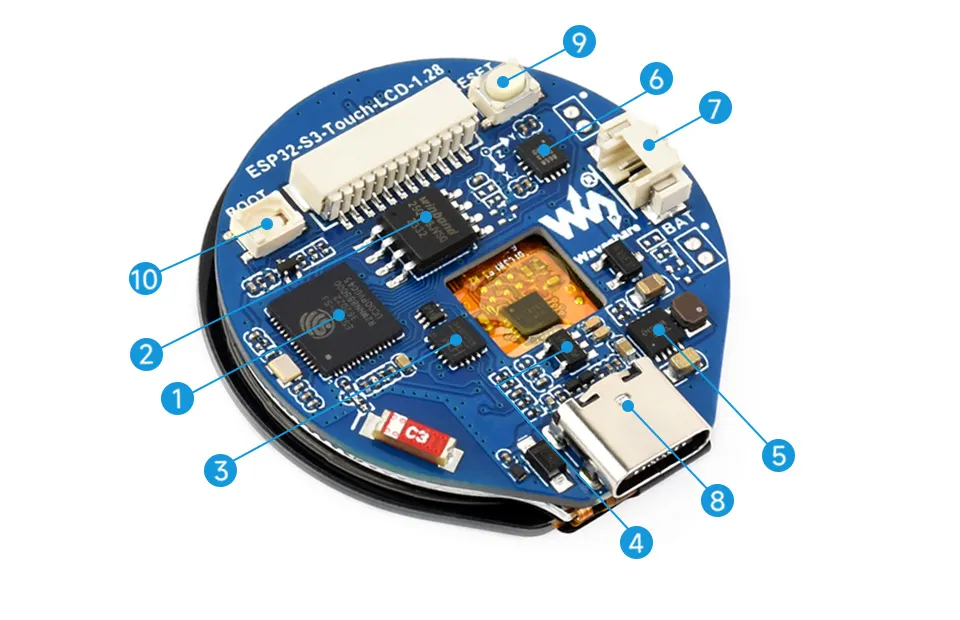 Waveshare ESP32-S3-Touch-LCD-1.28 SKU 25098 bileşen görünümü