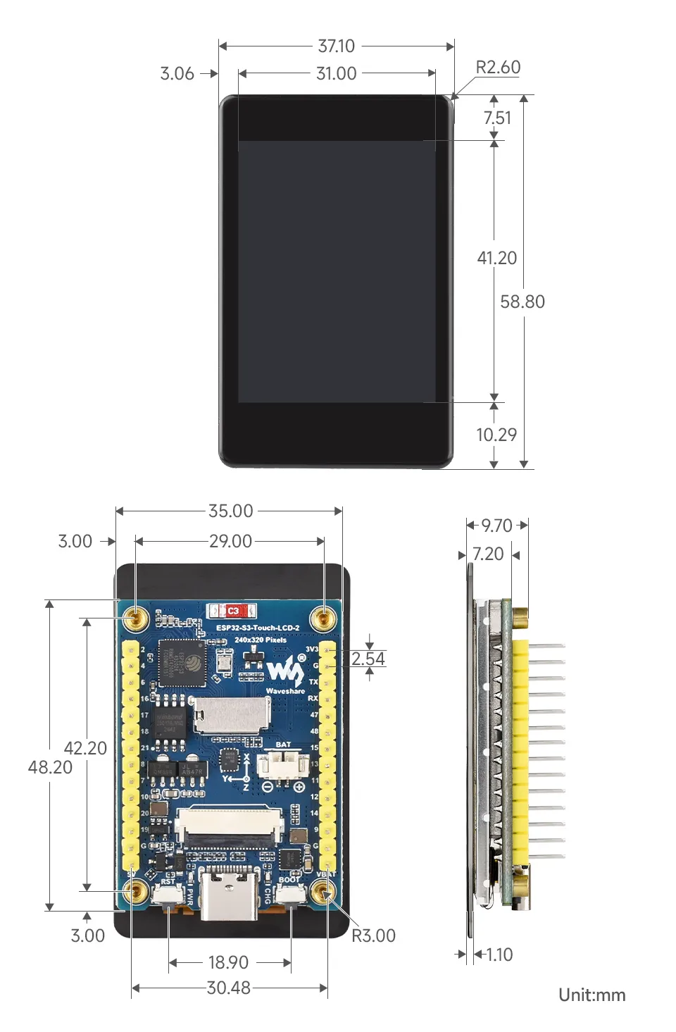 ESP32-S3-Touch-LCD-2 Product Dimensions