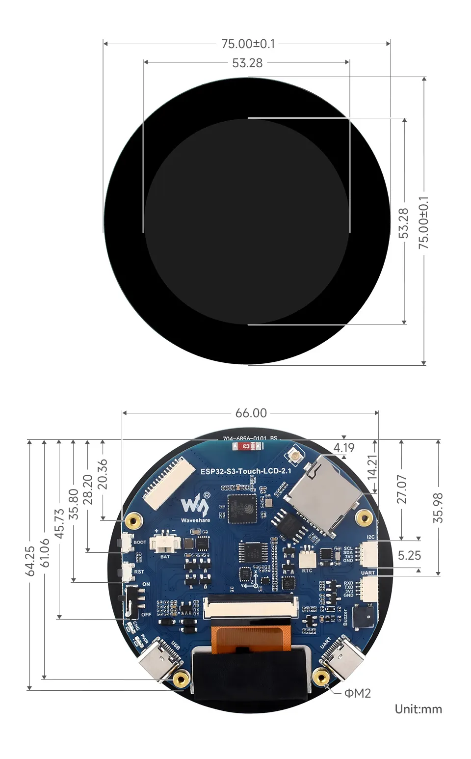 ESP32-S3-LCD-2.1 Product Dimensions
