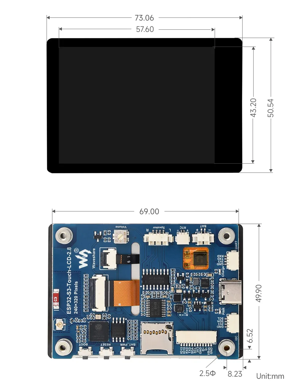 ESP32-S3-LCD-2.8 Product Dimensions