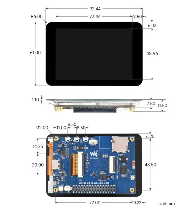 ESP32-S3-Touch-LCD-3.5B Product Dimensions