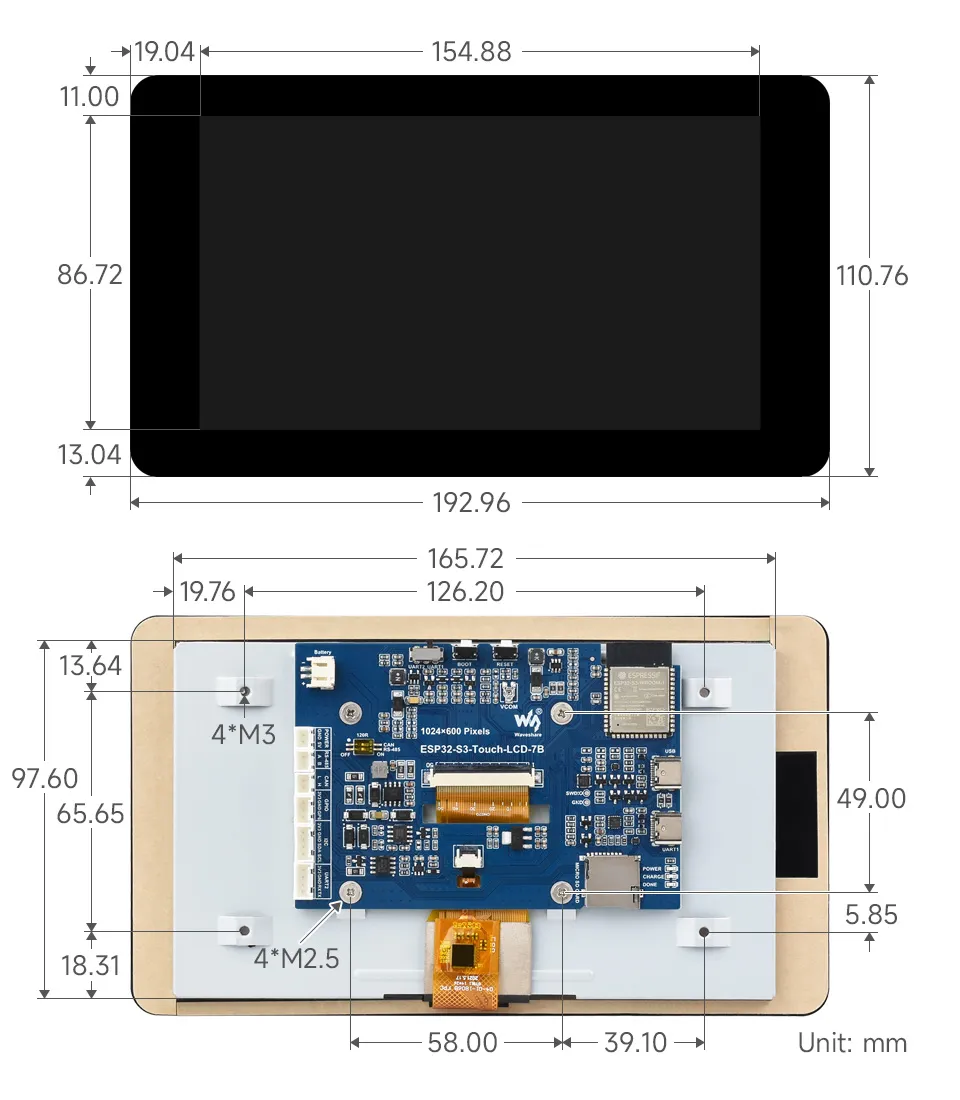 ESP32-S3-Touch-LCD-7B-With Touch Dimensions