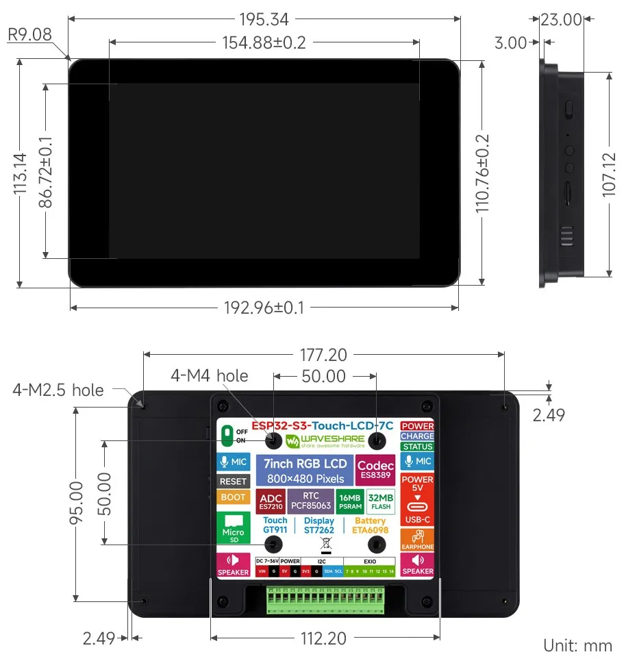 ESP32-S3-Touch-LCD-7C-Dimensions