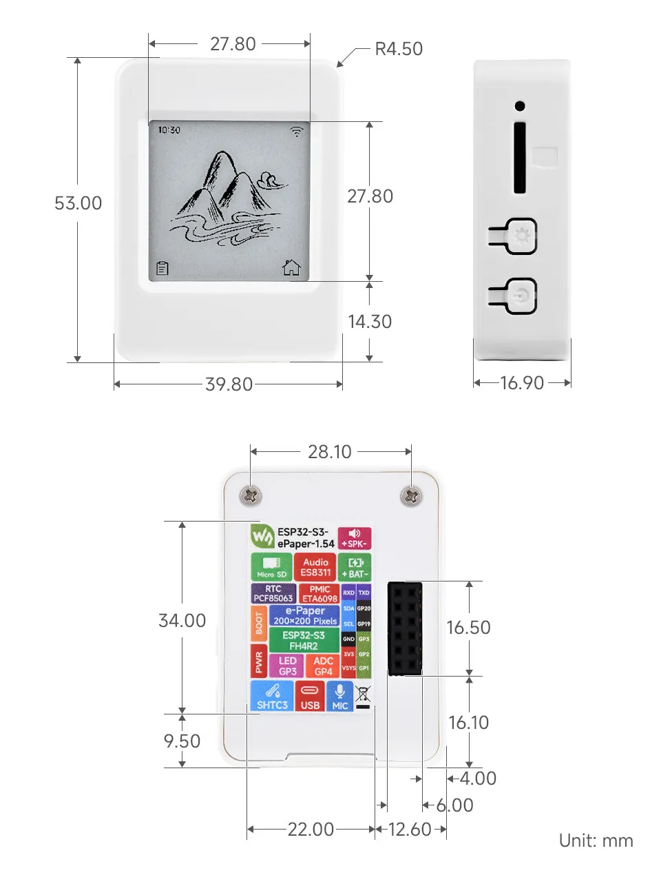 ESP32-S3-ePaper-1.54 Product Dimensions