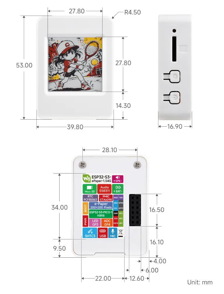 ESP32-S3-ePaper-1.54G Product Dimensions