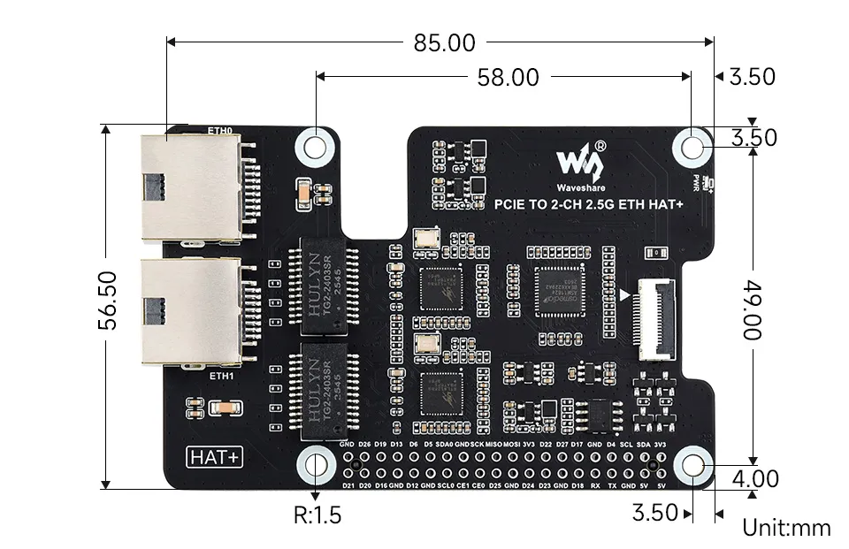 PCIE TO 2-CH 2.5G ETH HAT+ Product Dimensions