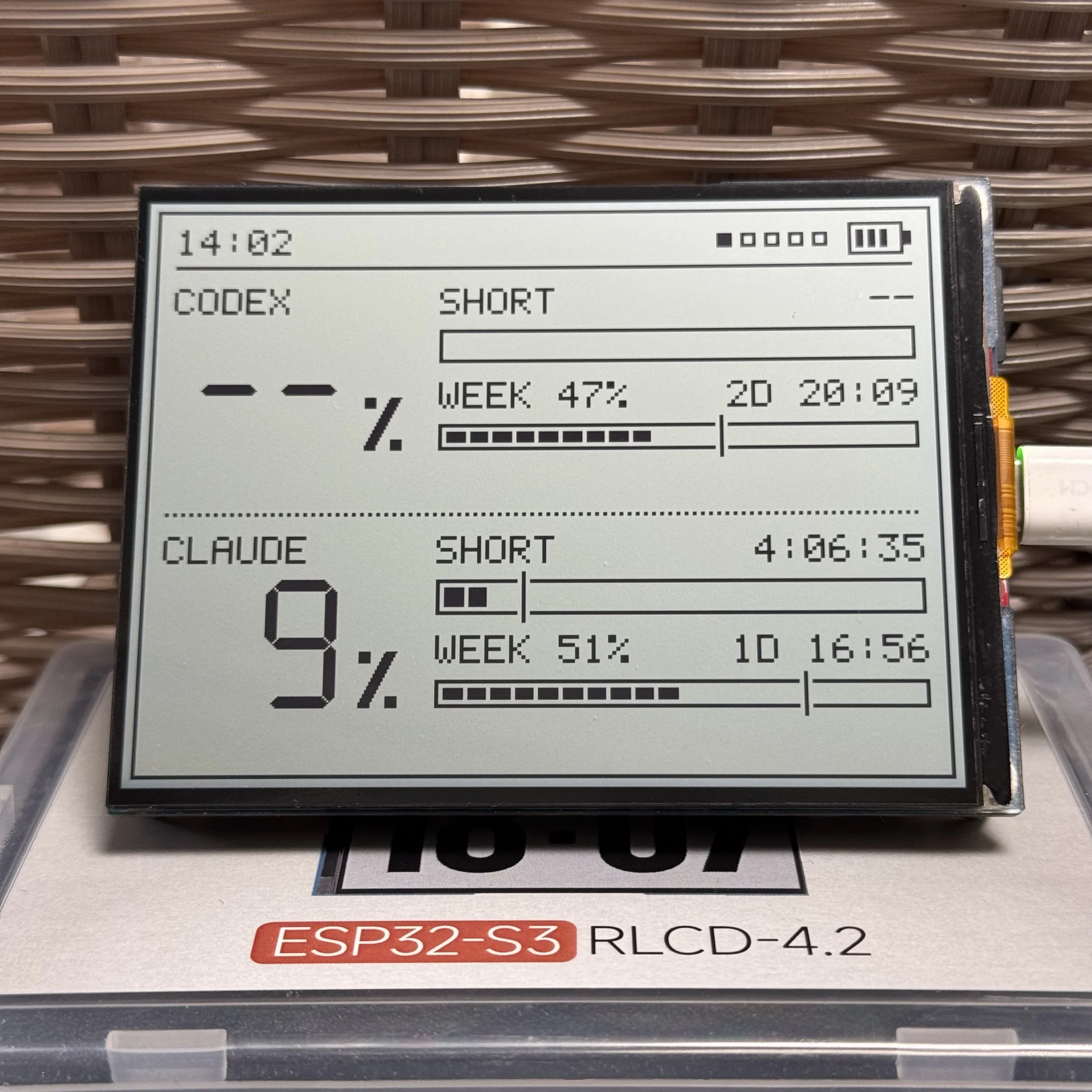 QuotaFrame usage details on the ESP32-S3-RLCD-4.2 showing Codex and Claude usage percentages and reset countdowns