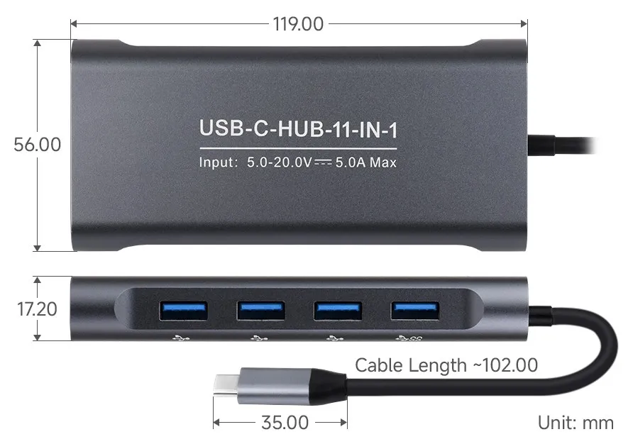 USB-C-HUB-11-IN-1 Product Dimensions
