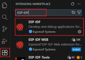 Search and install ESP-IDF extension in VS Code