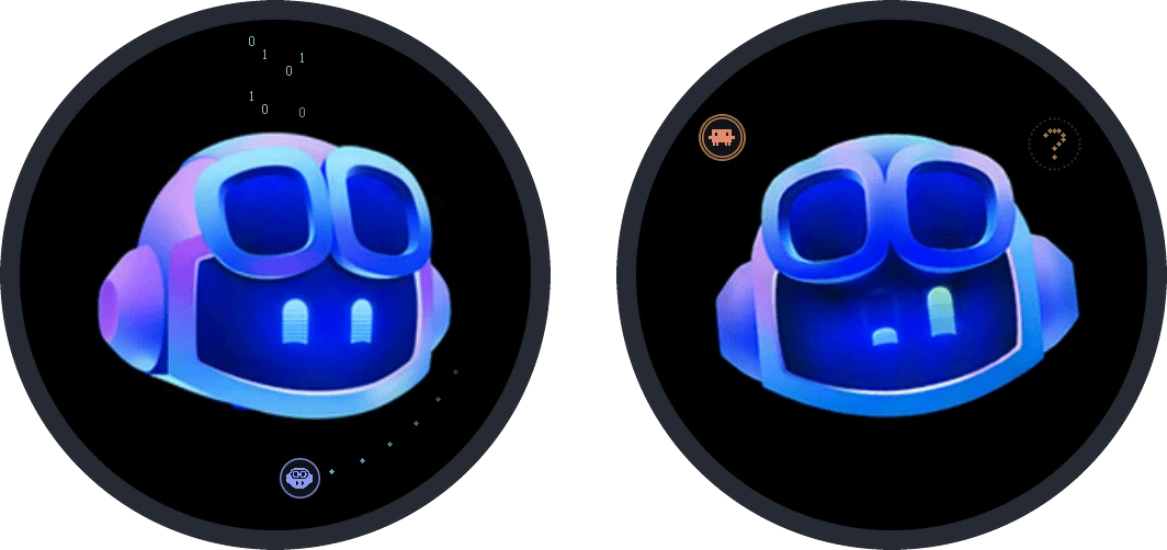 Agent Buddy character states shown on round ESP32 displays