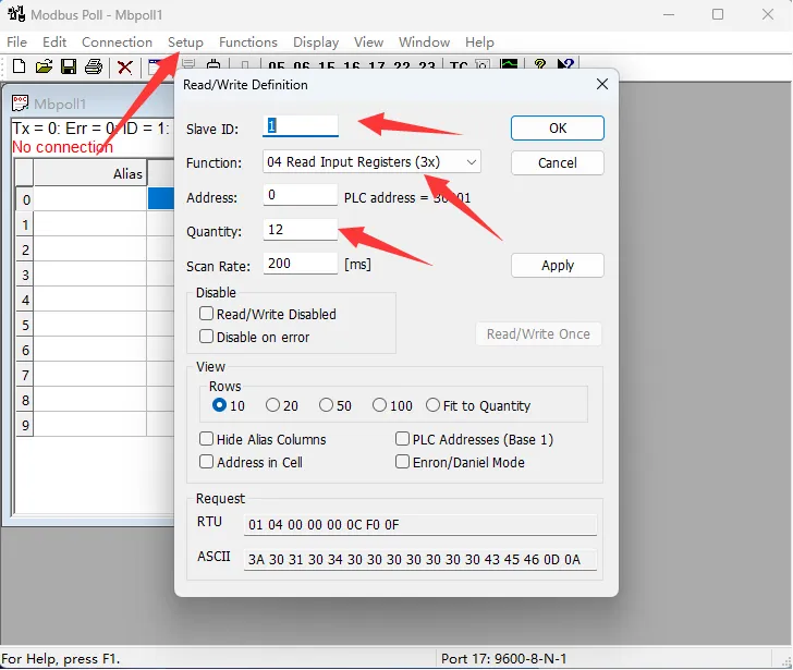 Modbus RTU PWM Output 4CH SSCOM - Modbus Poll read configuration