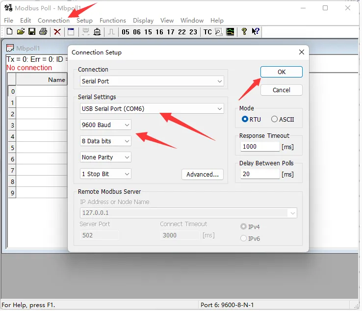 Modbus RTU PWM Output 4CH SSCOM - Modbus Poll connection settings