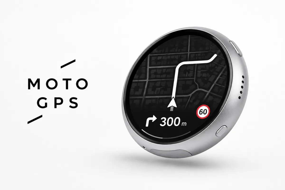 MOTO GPS cover render showing turn-by-turn navigation on a round display