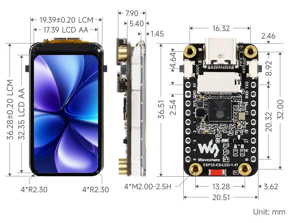 ESP32-C5-LCD-1.47 Product Dimensions