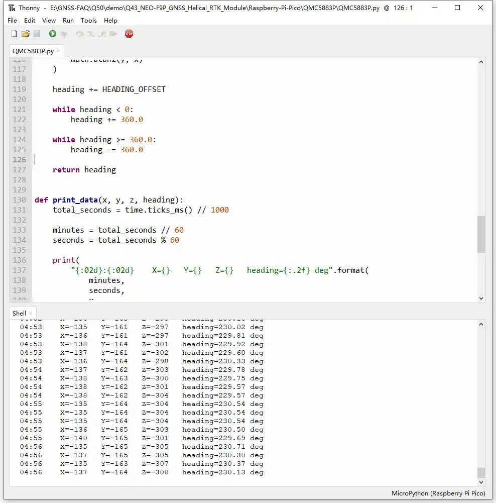 Pico Runs QMC5883P.py to Output Magnetometer Data