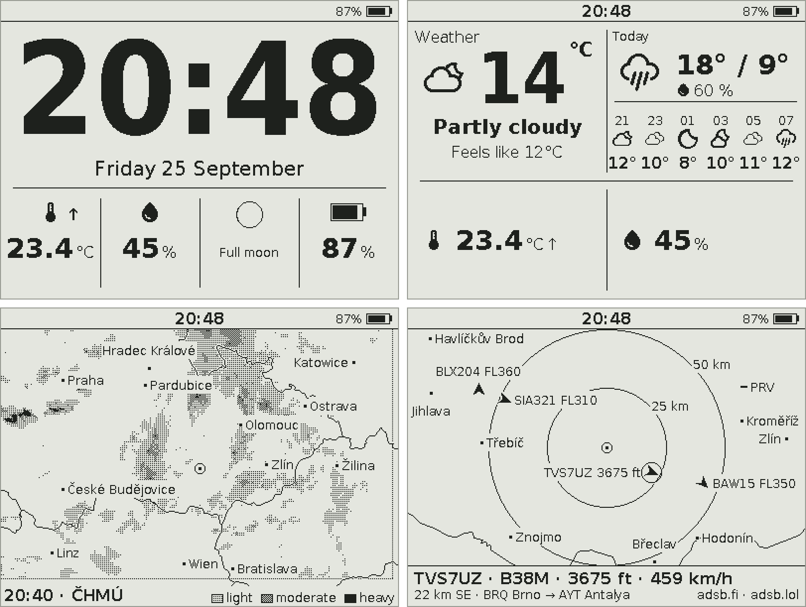 reflbo clock, weather, rain radar, and flight radar dashboard previews