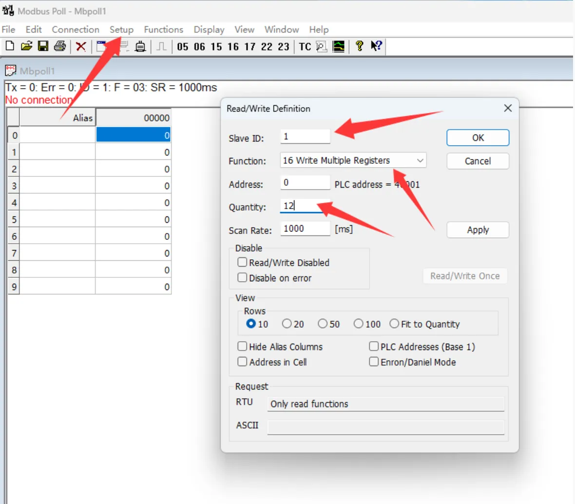 Modbus RTU PWM Output 4CH Modbus Poll Software Test Step 1