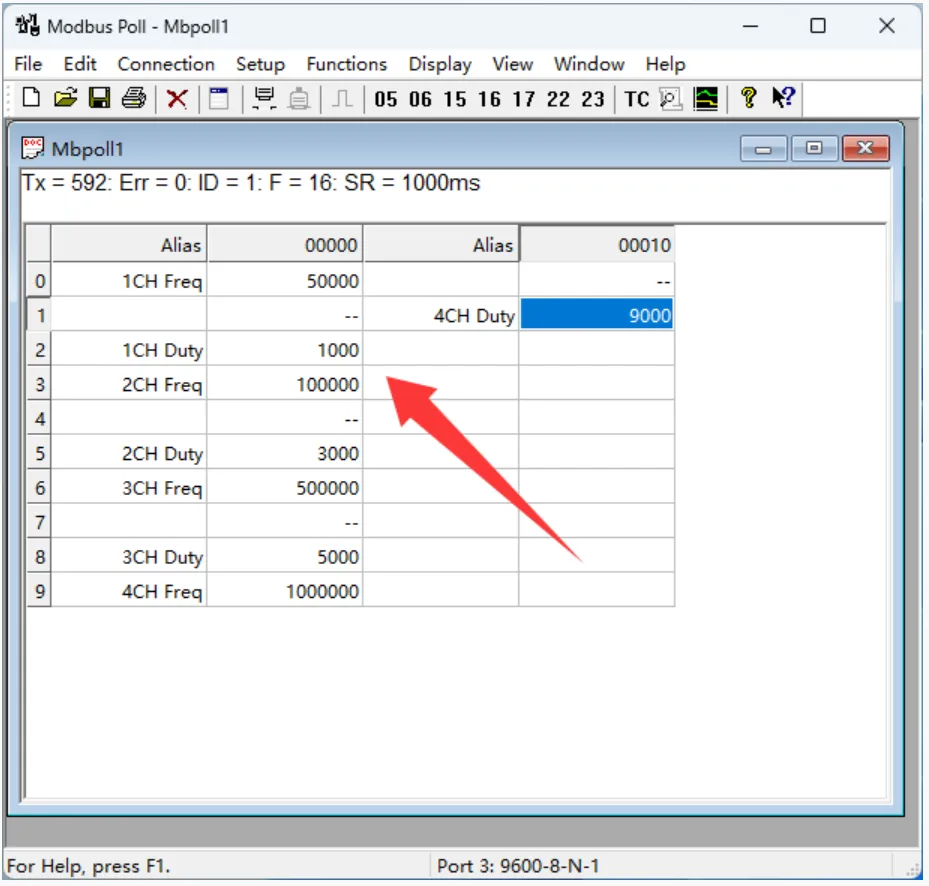 Modbus RTU PWM Output 4CH Modbus Poll Software Test Step 4